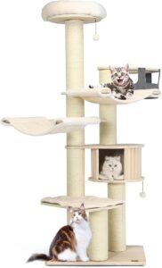 COSTWAY Grand Arbre à Chat en Bois Massif de 197 CM, Centre d'Activité pour Chat à Plusieu