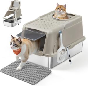 Feandrea Bac à Litière pour Chat en Acier Inoxydable, Couvercle Basculant, Grande Taille, Étanche, Pelle, Brosse, Double Entrée, Chats jusqu'à 15 kg, Beige Cappuccino