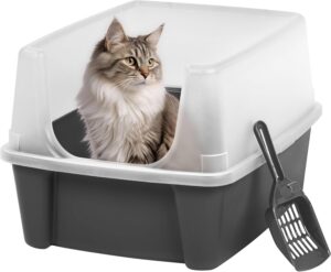 Iris Ohyama Bac à Litière pour Chat avec Pelle, Gris, Rebords Amovibles, Anti-fuite, Chats Adultes, Chatons, sans BPA, Ouverture en haut - CLH-12