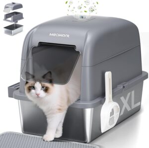 MeoWant Litière pour Chat en Acier Inoxydable, Bac à Litière XXL Fermé en Forme de U, Amovible, Pelle et Tapis, Gris